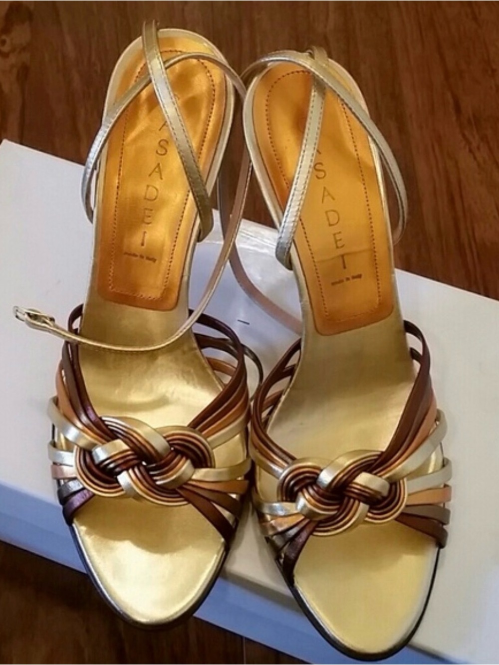 Casadei Metallic Gold and Brown Knotted Strappy Heels